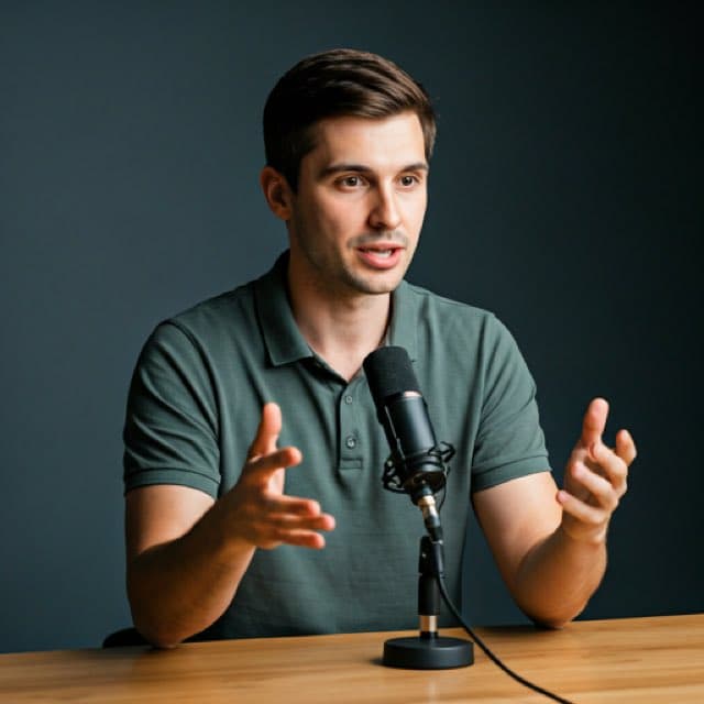Man talking on a microphone in a podcast setup