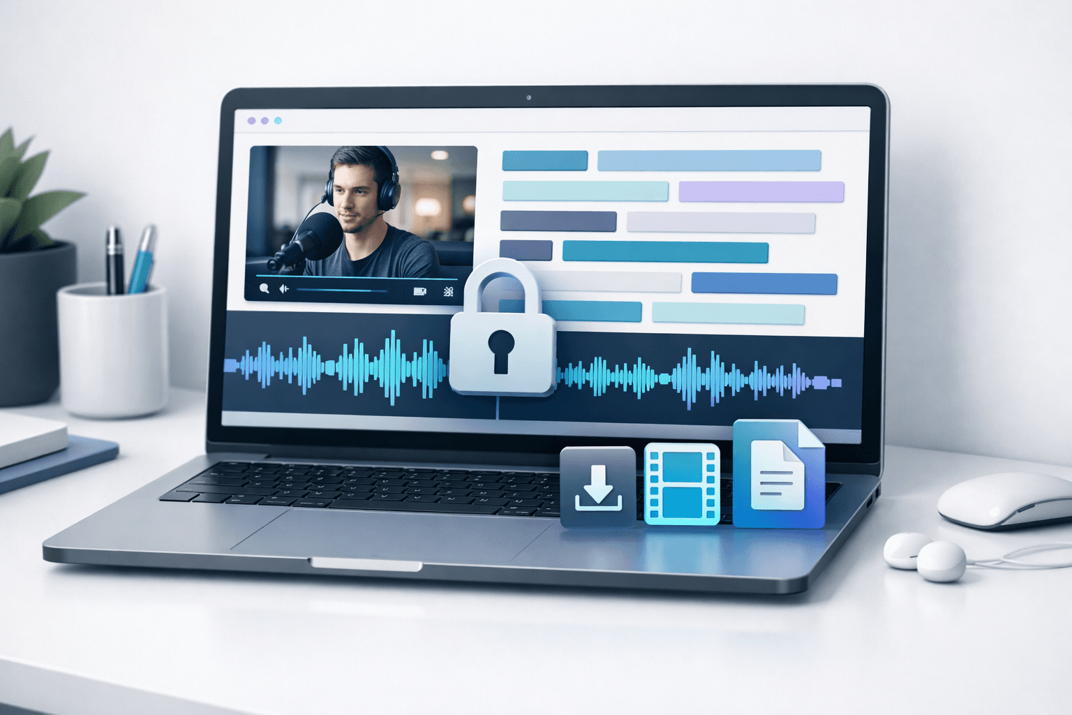 Offline video transcription workflow with local transcript and privacy lock