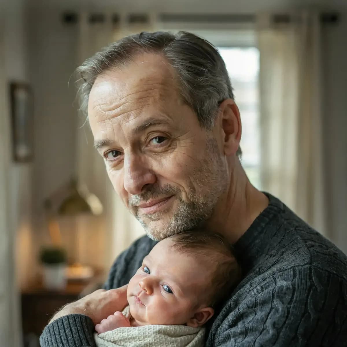 A tender close-up photograph of a grandfather cradling an infant against his chest in a quiet domestic interior, their foreheads nearly touching as they share a quiet gaze in soft late-afternoon light, shot on Kodak Portra 400 with shallow depth of field.