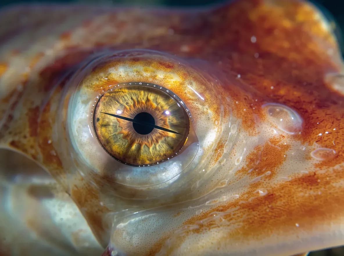 Extreme macro wildlife photograph of an unidentified marine creature, filling the frame with its pale ivory, finely textured skin and vivid red-orange mantle. One enormous golden-amber eye dominates the composition, featuring a razor-thin horizontal black pupil, intricate radial striations, glossy reflections, and visible moisture along the cornea. Capture at an intimate eye-level angle with a true macro lens, extremely shallow depth of field, tack-sharp focus on the eye and surrounding skin, and a gradual falloff into soft blur across the creature’s body. Use diffused natural underwater light with subtle specular highlights, rich micro-contrast, realistic organic texture, and deep cinematic shadows. High-end analog wildlife photography aesthetic, shot on 120 medium-format film, fine but visible film grain, gentle halation around highlights, natural color rendition, soft tonal rolloff, restrained saturation, detailed shadow retention, slight lens character, and museum-quality darkroom print finish. No text, no illustration, no CGI, no artificial sharpening.