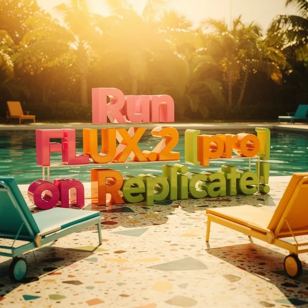 Glossy candy-colored 3D letters in hot pink, electric orange, and lime green on a sun-drenched poolside patio with bold terrazzo tiles and vintage lounge chairs in turquoise and yellow. Shot on Kodachrome film with a Hasselblad 500C, warm golden afternoon sunlight, dramatic lens flare, punchy oversaturated colors with that distinctive 70s yellow-orange cast, shallow depth of field with the text sharp in the foreground, tropical palms and a sparkling aquamarine pool behind that spells out "Run FLUX.2 [pro] on Replicate!"