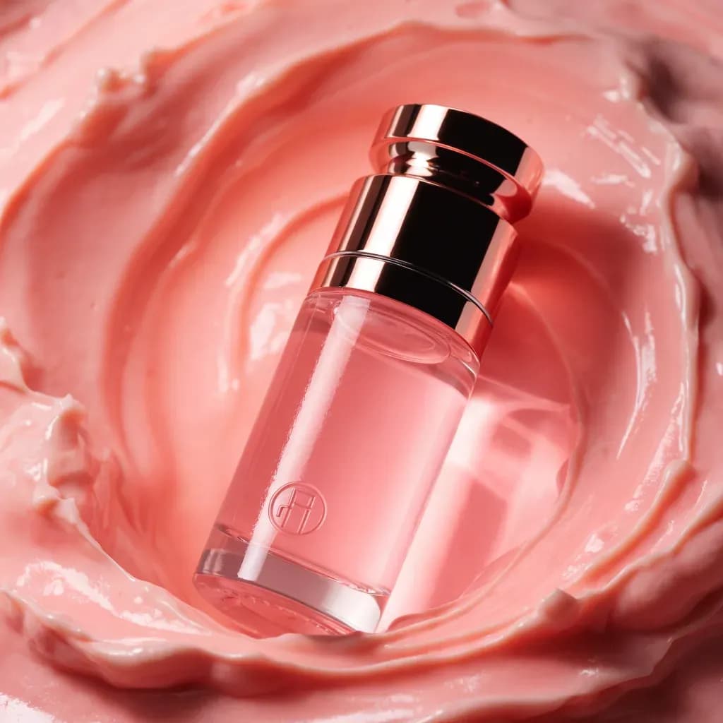High-end skincare bottle floating on a swirl of cream texture, macro, soft pink palette.