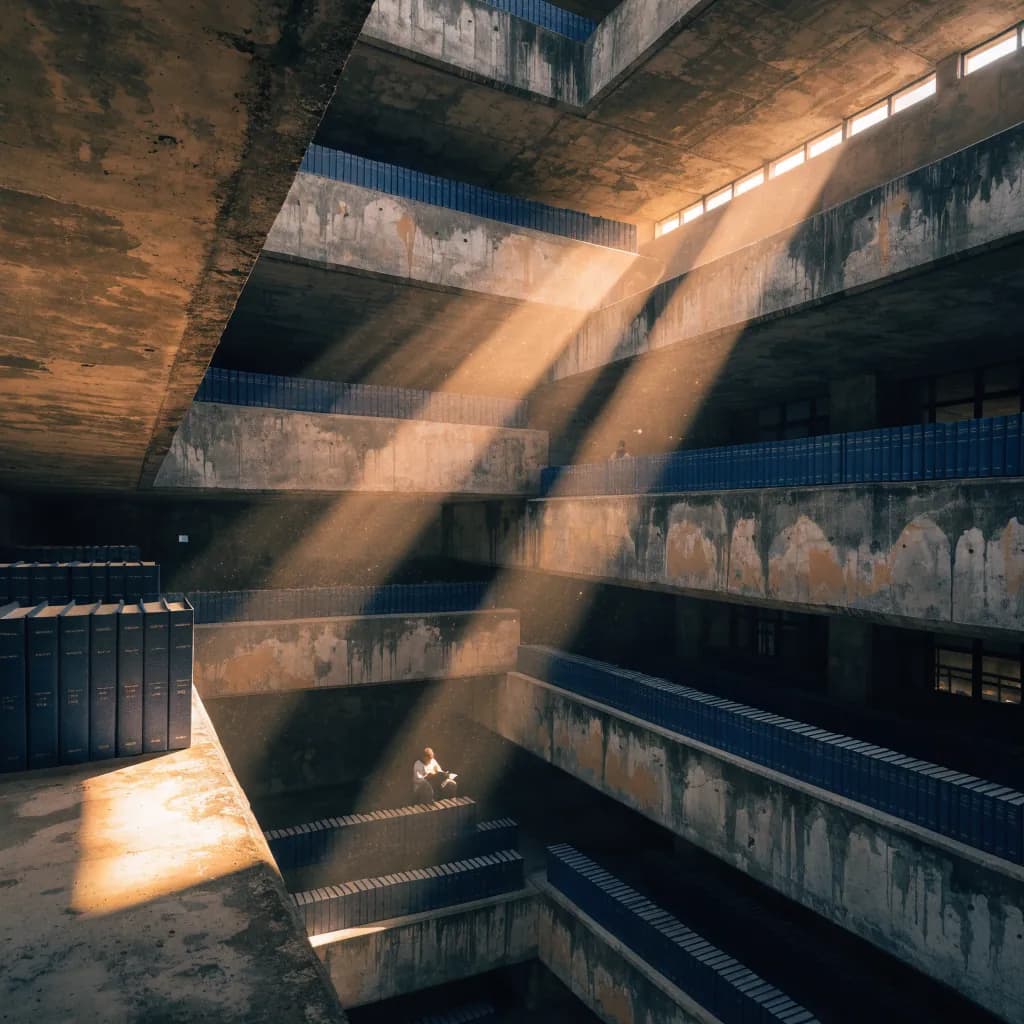 A brutalist concrete library interior at golden hour — shafts of amber light cut through narrow slit windows and fall across tiered balconies lined with thousands of identical navy-blue hardcover books. A single reader sits far below in a pool of direct light, dwarfed by the scale of the structure. Dust motes suspended mid-air. The raw concrete has been stained by decades of humidity into abstract watercolor-like gradients of ochre and grey. Shot with a wide-angle tilt-shift lens from above, architectural photography.
