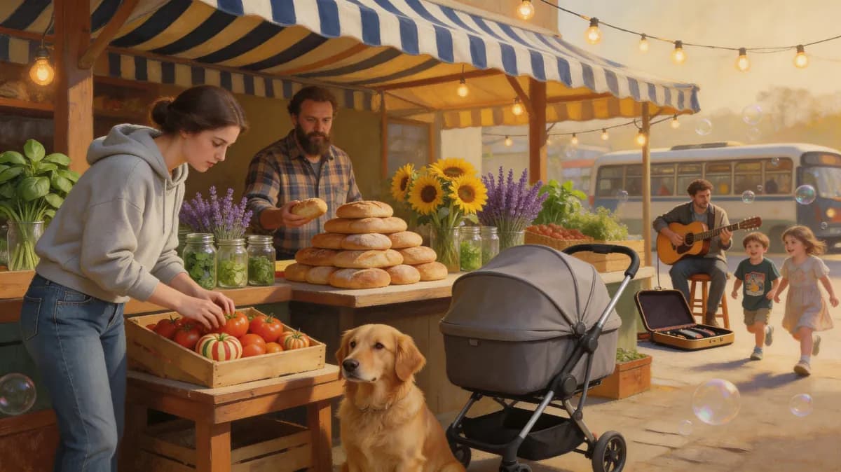A Renaissance-style oil painting of a modern-day farmer's market. A woman in a hoodie and jeans examines heirloom tomatoes under a striped canvas awning, lit like a Vermeer interior. Behind her, a man with a beard sells artisanal sourdough loaves arranged in a pyramid. A golden retriever sits patiently beside a stroller. Bunches of sunflowers, purple lavender, and fresh herbs in mason jars line the tables. String lights crisscross overhead. A busker plays acoustic guitar in the background. Children chase soap bubbles. The scene has the warm, golden light of a Dutch Golden Age painting but every detail is unmistakably contemporary.
