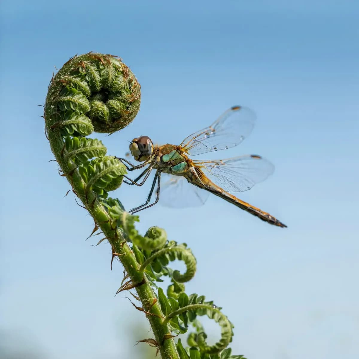 A macro photograph of a dragonfly perched on the curled tip of a fiddlehead fern at first light, dew droplets beaded along the fern spine and wing membranes, set against a clear blue sky.