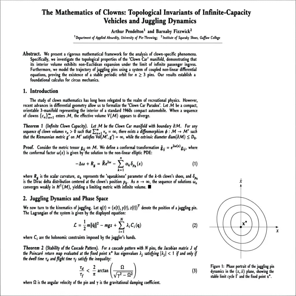 A detailed academic papers with dense LaTeX formulas, subscripts and superscripts, Greek letters, and theorem numbering, about the mathematics of clowns