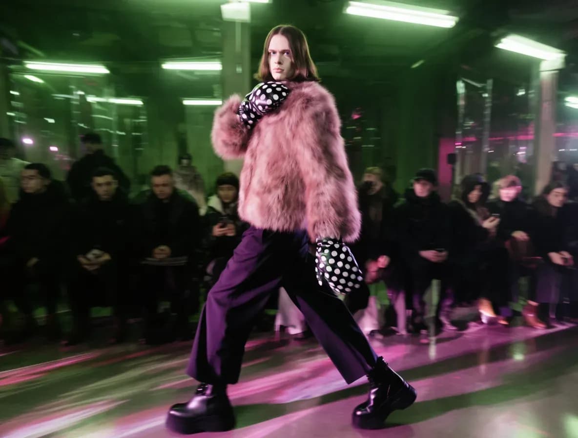 Over-the-shoulder tracking shot of a model walking with exaggerated runway gait — torso twisted unnaturally to look directly back at the camera, fur coat trailing, one arm wrapped around their own neck, platform boots planted wide, sickly green fluorescents, magenta shadows, hypnotic motion blur.
