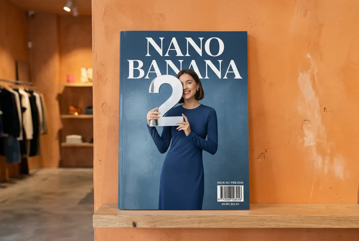 A photo of a glossy magazine cover, the minimal blue cover has the large bold words Nano Banana. The text is in a serif font and fills the view. No other text. In front of the text there is a portrait of a person in a sleek and minimal dress. She is playfully holding the number 2, which is the focal point. Put the issue number and “Feb 2026” date in the corner along with a barcode. The magazine is on a shelf against an orange plastered wall, within a designer store.