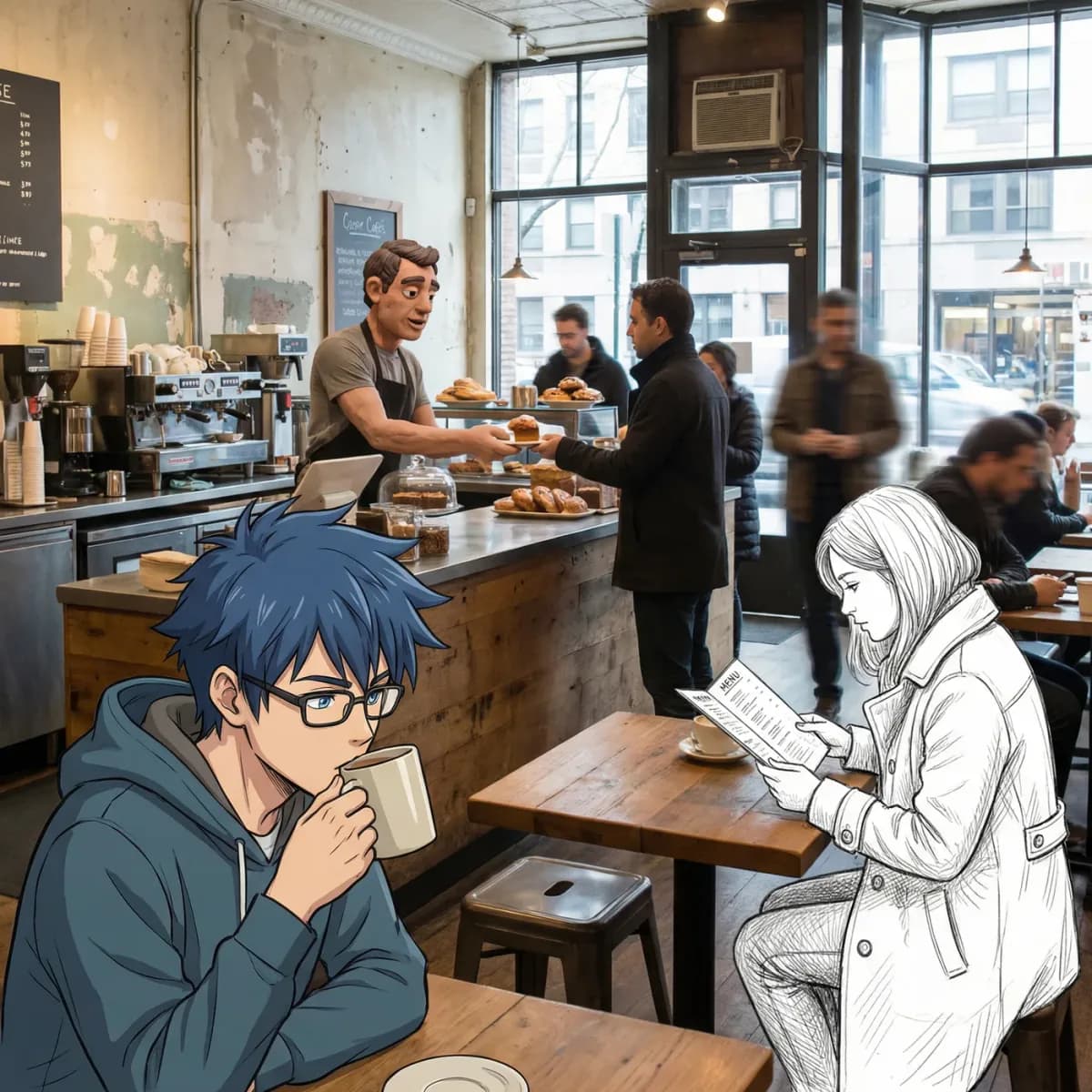 A photo of an everyday scene at a busy cafe serving breakfast. In the foreground is an anime man with blue hair, one of the people is a pencil sketch, another is a claymation person.