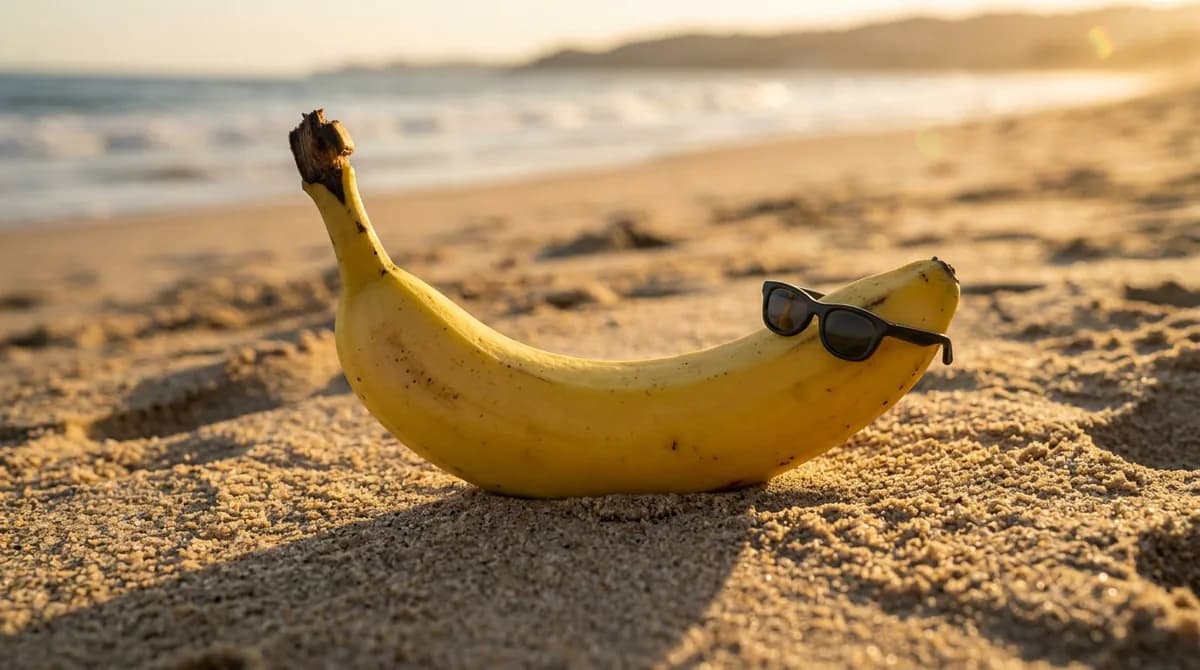 a photorealistic close-up of a ripe banana wearing tiny sunglasses on a beach, golden hour lighting