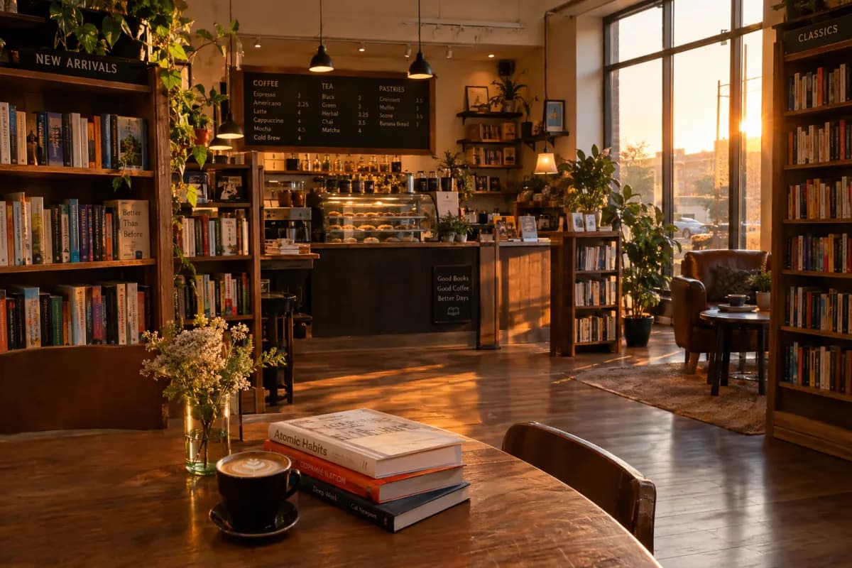 A cozy bookstore cafe interior at golden hour, warm lighting, photorealistic