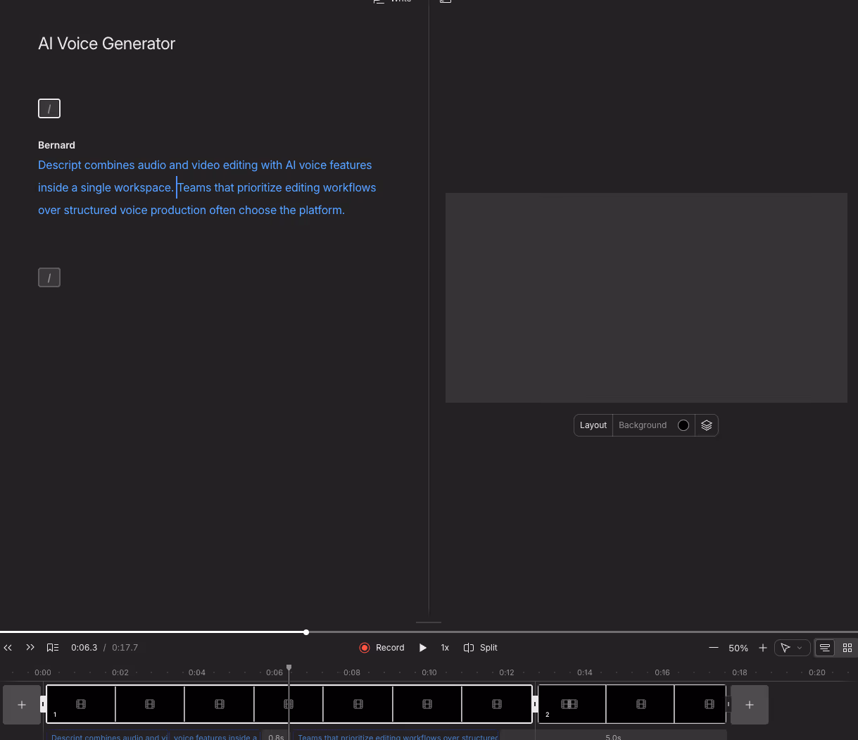Descript audio and video editing interface