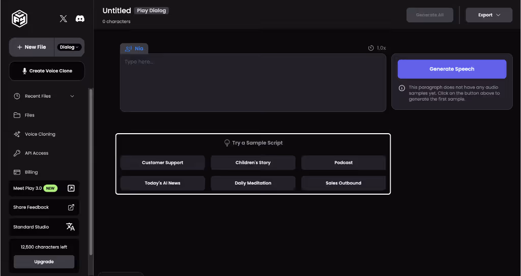 PlayHT AI voice generation interface