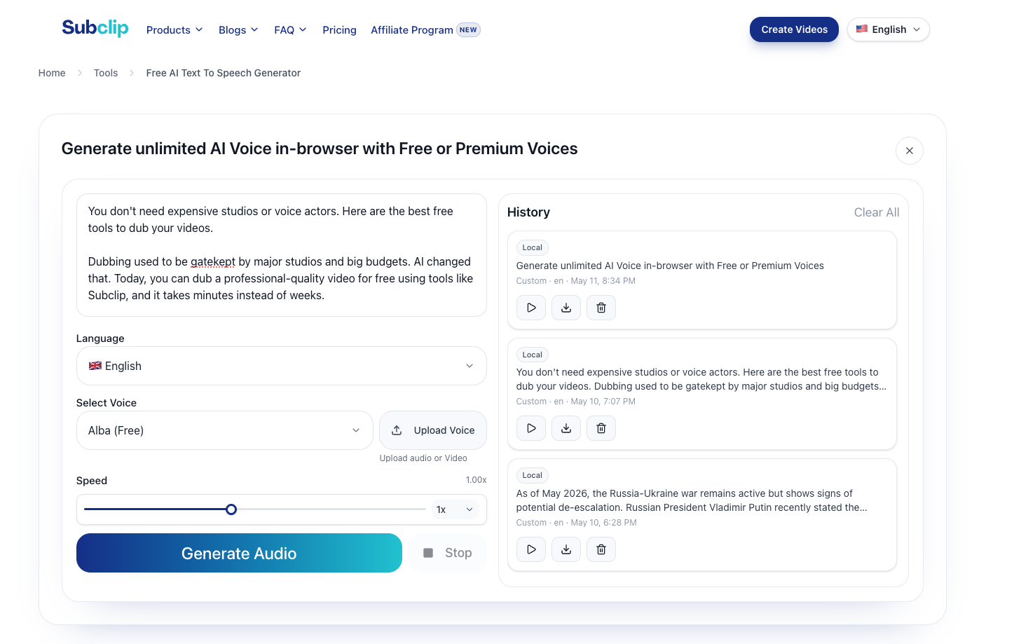 Subclip AI voiceover and dubbing interface