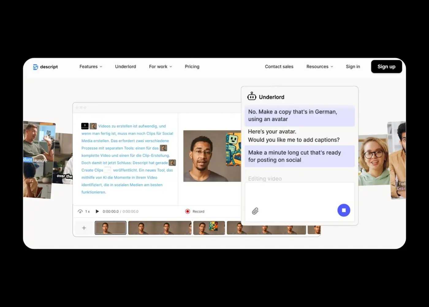 Descript transcript-first video editing interface