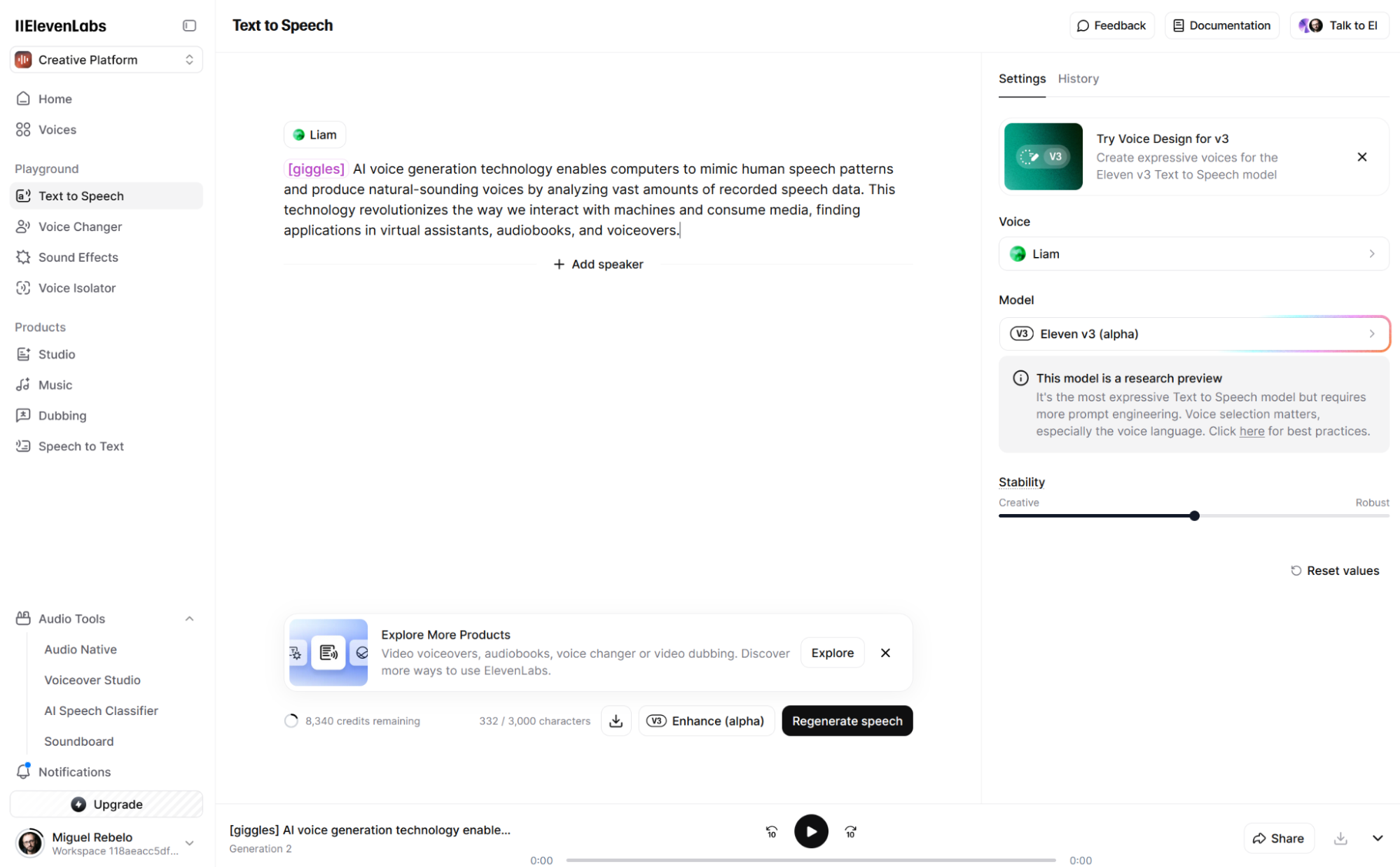 ElevenLabs AI voice generation interface